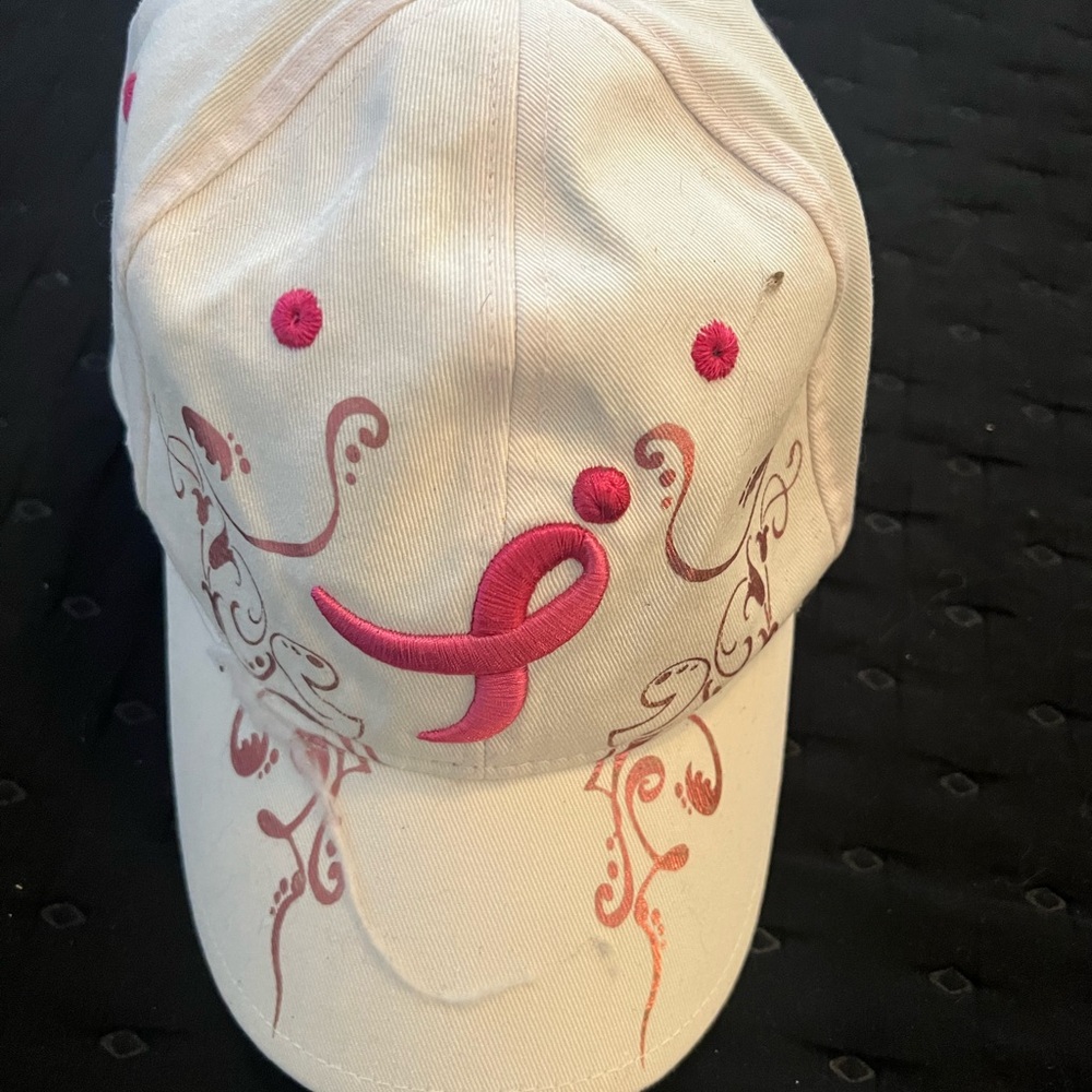 white Cap with Pink Ribbon Embroidery - Women's Awareness Baseball Hat